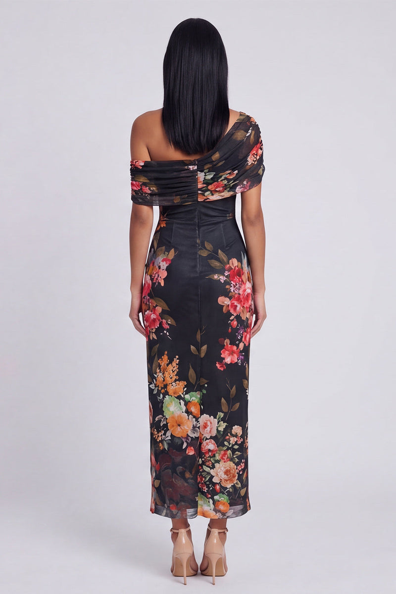 Load image into Gallery viewer, Ivory Floral One Shoulder Sheath Ruched Maxi Formal Dress