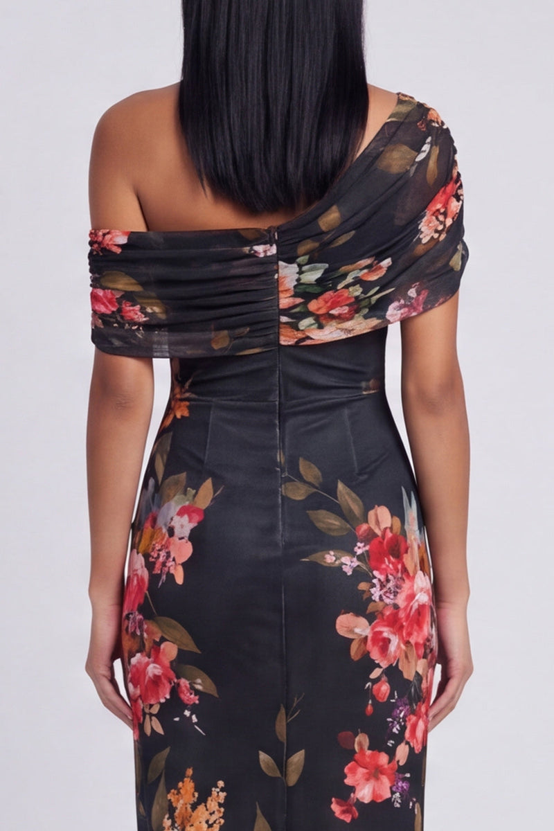 Load image into Gallery viewer, Ivory Floral One Shoulder Sheath Ruched Maxi Formal Dress