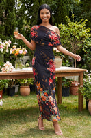 Load image into Gallery viewer, Ivory Floral One Shoulder Sheath Ruched Maxi Formal Dress