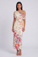 Load image into Gallery viewer, Ivory Floral One Shoulder Sheath Ruched Maxi Formal Dress