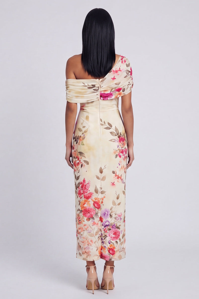 Load image into Gallery viewer, Ivory Floral One Shoulder Sheath Ruched Maxi Formal Dress