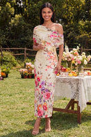 Load image into Gallery viewer, Ivory Floral One Shoulder Sheath Ruched Maxi Formal Dress