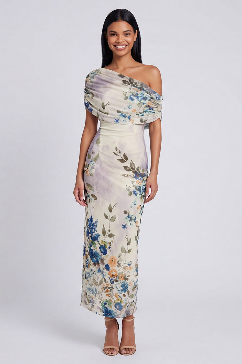 Load image into Gallery viewer, Ivory Floral One Shoulder Sheath Ruched Maxi Formal Dress