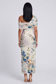 Ivory Floral One Shoulder Sheath Ruched Maxi Formal Dress