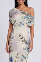 Load image into Gallery viewer, Ivory Floral One Shoulder Sheath Ruched Maxi Formal Dress