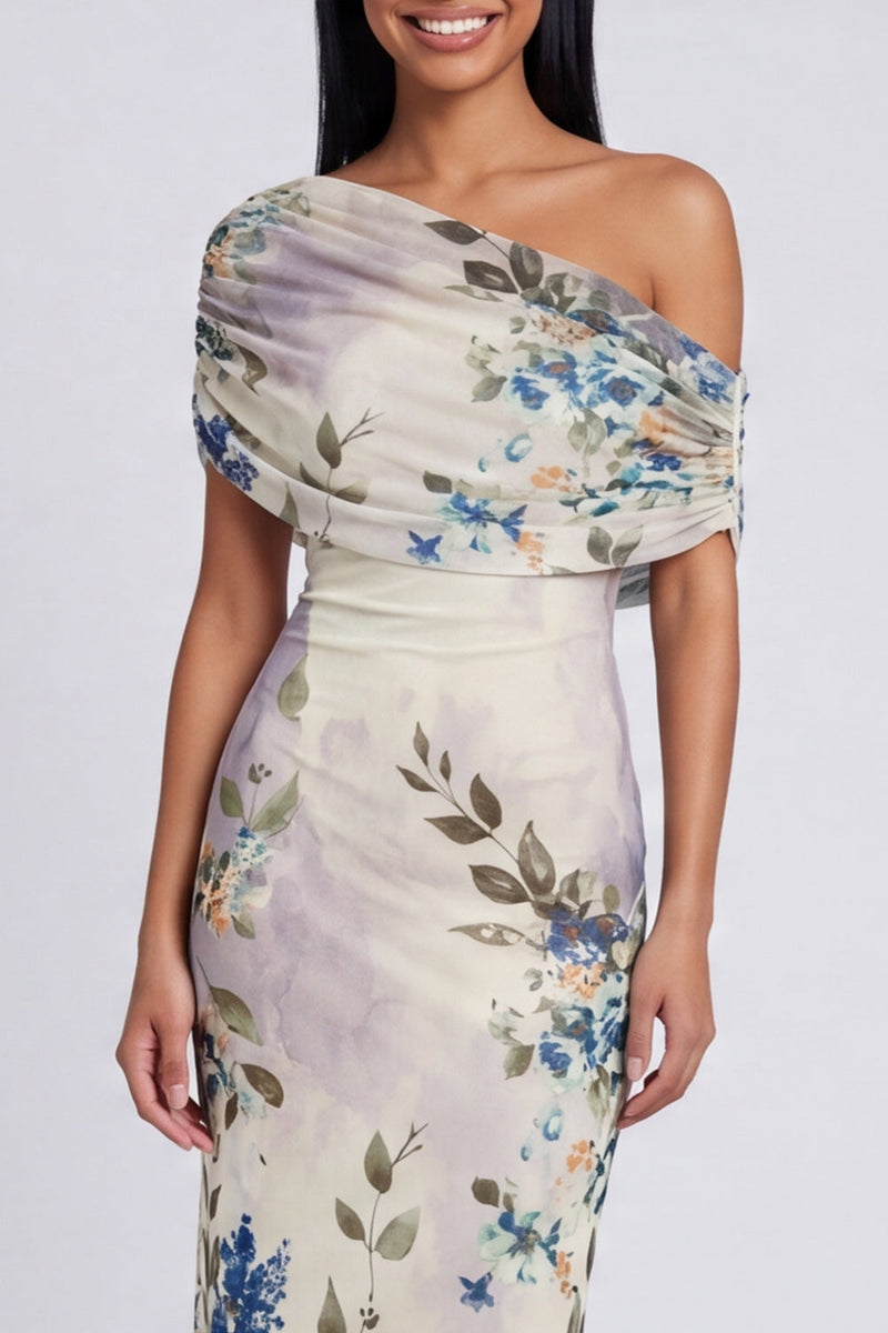Load image into Gallery viewer, Ivory Floral One Shoulder Sheath Ruched Maxi Formal Dress