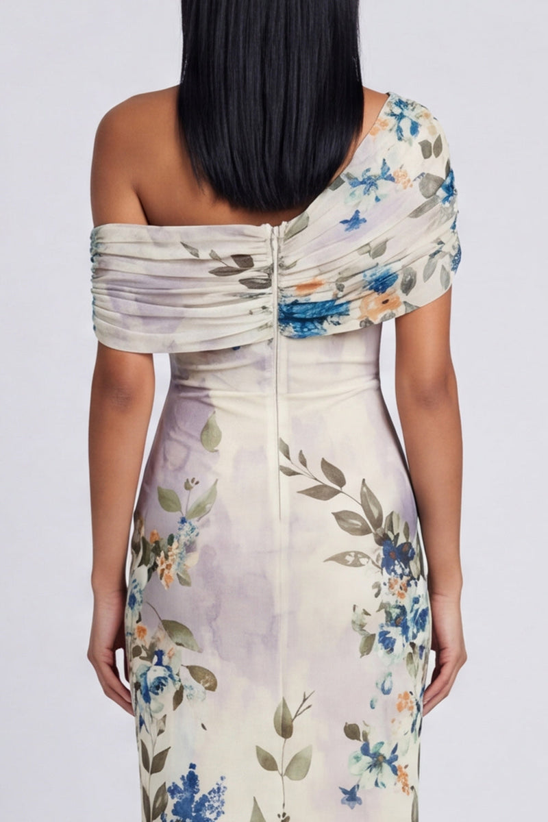 Load image into Gallery viewer, Ivory Floral One Shoulder Sheath Ruched Maxi Formal Dress