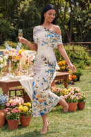 Load image into Gallery viewer, Ivory Floral One Shoulder Sheath Ruched Maxi Formal Dress