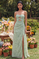 Load image into Gallery viewer, Dusty Sage Strapless A Line Keyhole Maxi Formal Dress with Slit