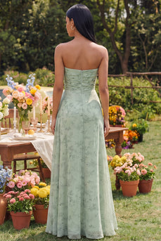 Dusty Sage Strapless A Line Keyhole Maxi Formal Dress with Slit