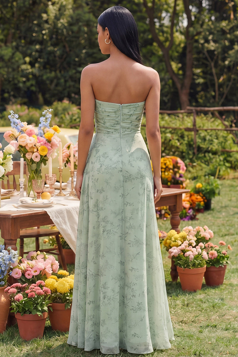 Load image into Gallery viewer, Dusty Sage Strapless A Line Keyhole Maxi Formal Dress with Slit