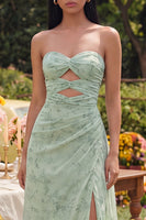 Load image into Gallery viewer, Dusty Sage Strapless A Line Keyhole Maxi Formal Dress with Slit