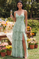 Load image into Gallery viewer, Dusty Sage A Line Ruffled Spaghetti Straps Maxi Formal Dress with Slit