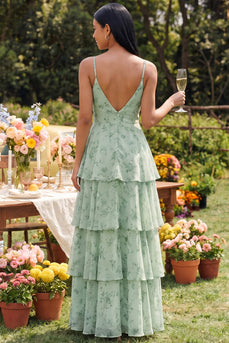 Dusty Sage A Line Ruffled Spaghetti Straps Maxi Formal Dress with Slit