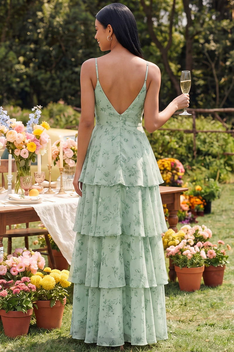 Load image into Gallery viewer, Dusty Sage A Line Ruffled Spaghetti Straps Maxi Formal Dress with Slit