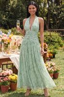 Load image into Gallery viewer, Dusty Sage Halter Ruched A Line Maxi Formal Dress