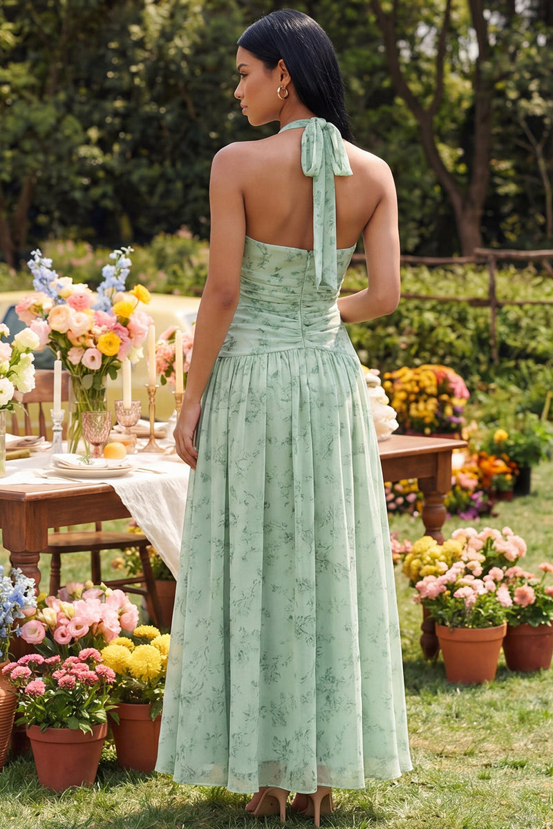 Load image into Gallery viewer, Dusty Sage Halter Ruched A Line Maxi Formal Dress