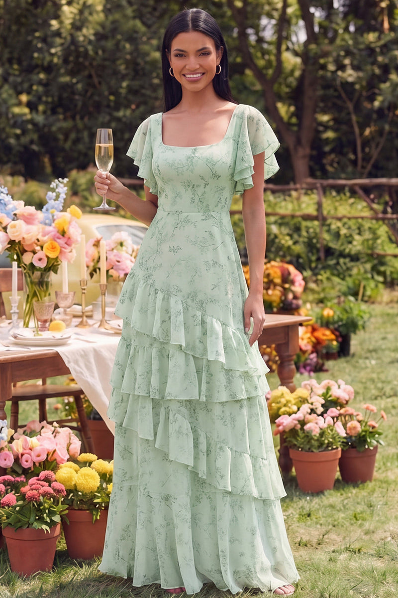 Load image into Gallery viewer, Square Neck Dusty Sage A Line Maxi Formal Dress with Ruffles