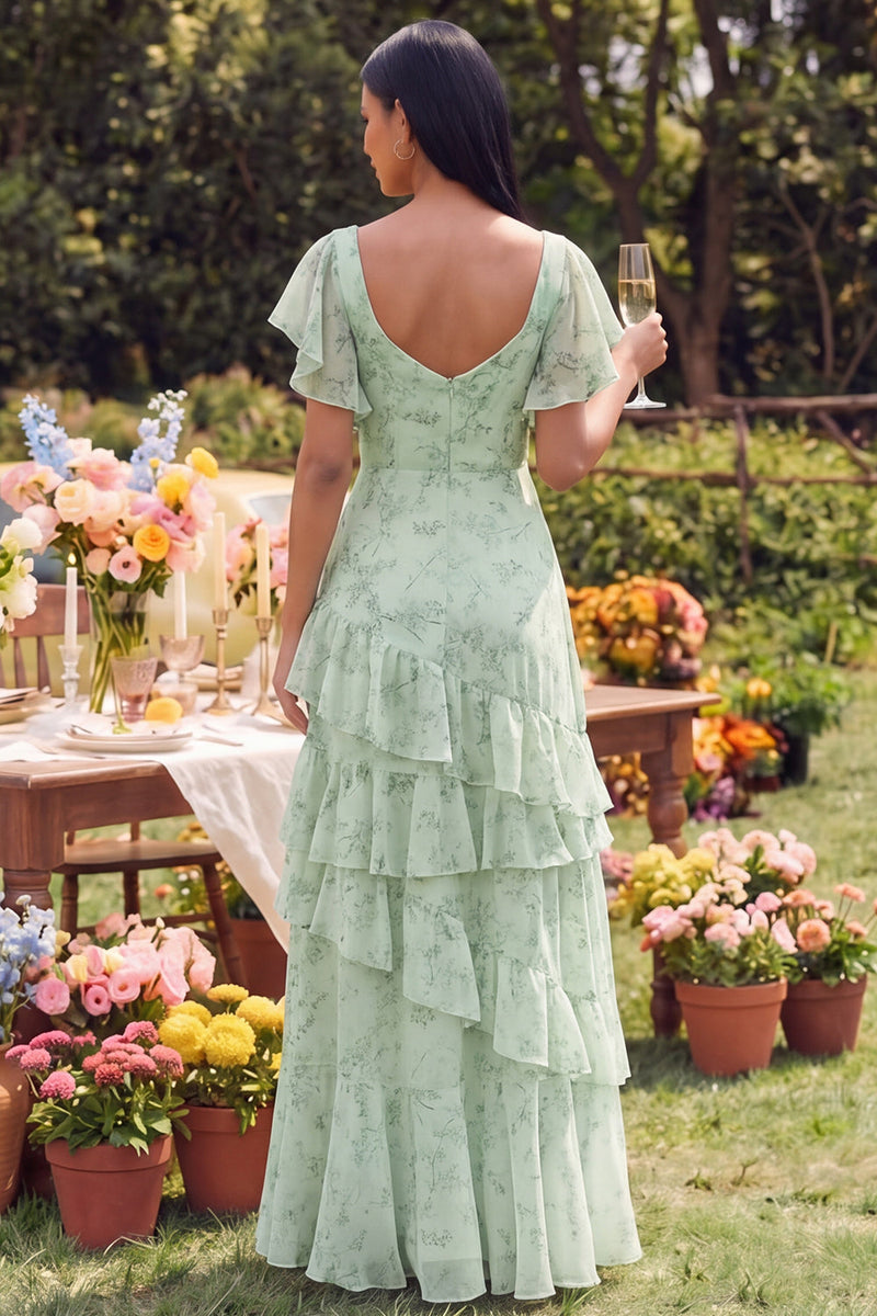 Load image into Gallery viewer, Square Neck Dusty Sage A Line Maxi Formal Dress with Ruffles