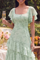 Load image into Gallery viewer, Square Neck Dusty Sage A Line Maxi Formal Dress with Ruffles