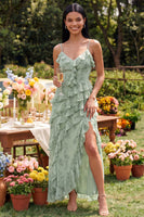 Load image into Gallery viewer, Dusty Sage Spaghetti Straps A Line Ruffled Maxi Formal Dress with Slit