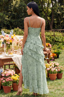 Load image into Gallery viewer, Dusty Sage Spaghetti Straps A Line Ruffled Maxi Formal Dress with Slit