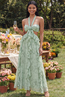Load image into Gallery viewer, Dusty Sage Halter Cut Out A Line Ruffled Maxi Formal Dress with Bow