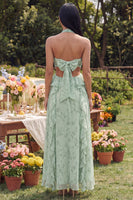 Load image into Gallery viewer, Dusty Sage Halter Cut Out A Line Ruffled Maxi Formal Dress with Bow
