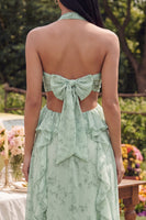 Load image into Gallery viewer, Dusty Sage Halter Cut Out A Line Ruffled Maxi Formal Dress with Bow