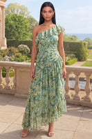 Load image into Gallery viewer, Dusty Green Ruched One Shoulder Asymmetrical A Line Formal Dress with Ruffles