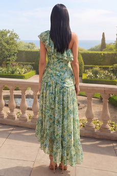 Dusty Green Ruched One Shoulder Asymmetrical A Line Formal Dress with Ruffles