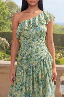 Load image into Gallery viewer, Dusty Green Ruched One Shoulder Asymmetrical A Line Formal Dress with Ruffles