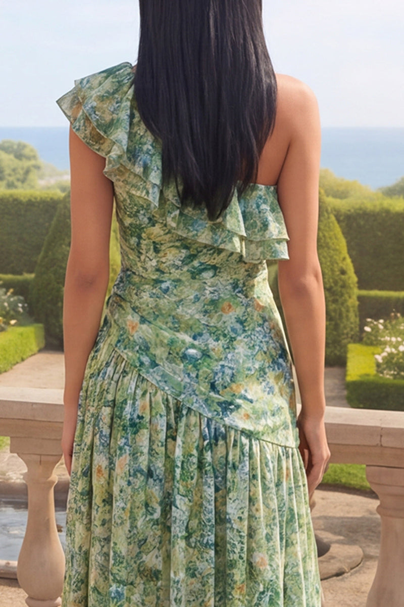 Load image into Gallery viewer, Dusty Green Ruched One Shoulder Asymmetrical A Line Formal Dress with Ruffles