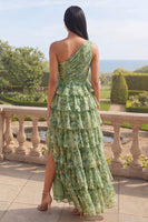 Load image into Gallery viewer, Dusty Green Ruffled One Shoulder Ruched A Line Maxi Formal Dress with Slit