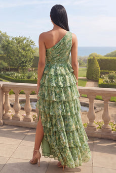 Dusty Green Ruffled One Shoulder Ruched A Line Maxi Formal Dress with Slit