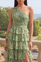 Load image into Gallery viewer, Dusty Green Ruffled One Shoulder Ruched A Line Maxi Formal Dress with Slit