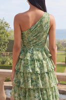 Load image into Gallery viewer, Dusty Green Ruffled One Shoulder Ruched A Line Maxi Formal Dress with Slit