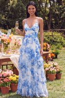 Load image into Gallery viewer, White Blue Flower A Line Spaghetti Straps Maxi Formal Dress with Ruffles