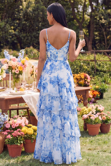 White Blue Flower A Line Spaghetti Straps Maxi Formal Dress with Ruffles
