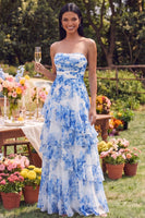 Load image into Gallery viewer, White Blue Flower Strapless Ruched Maxi A Line Formal Dress with Ruffles