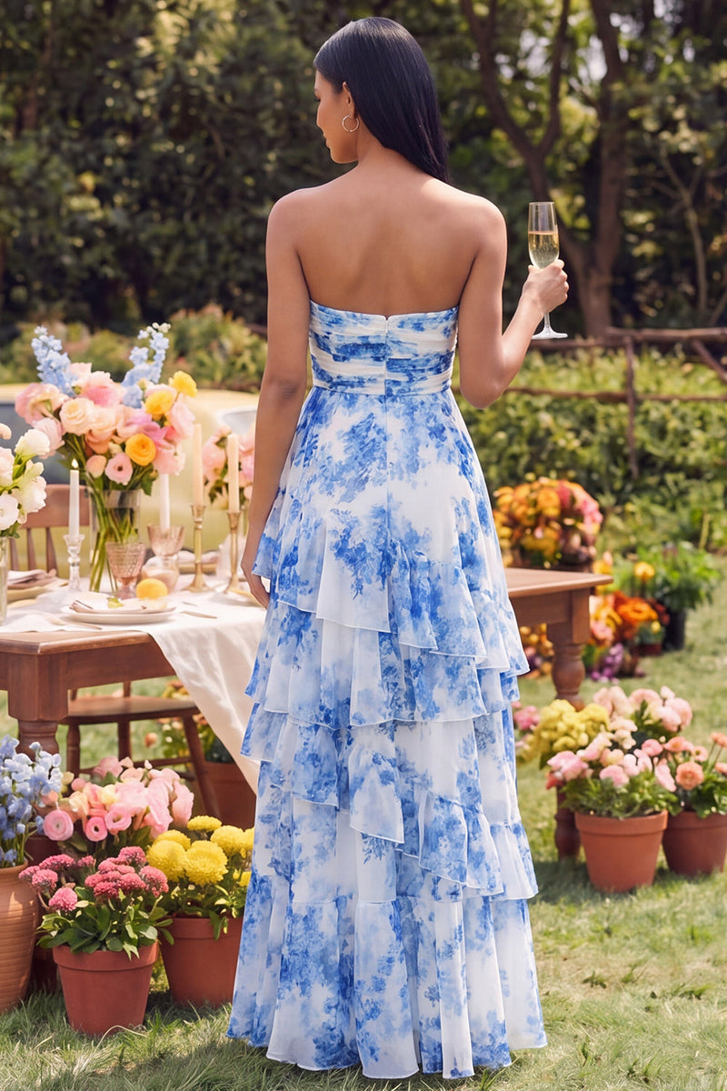 Load image into Gallery viewer, White Blue Flower Strapless Ruched Maxi A Line Formal Dress with Ruffles