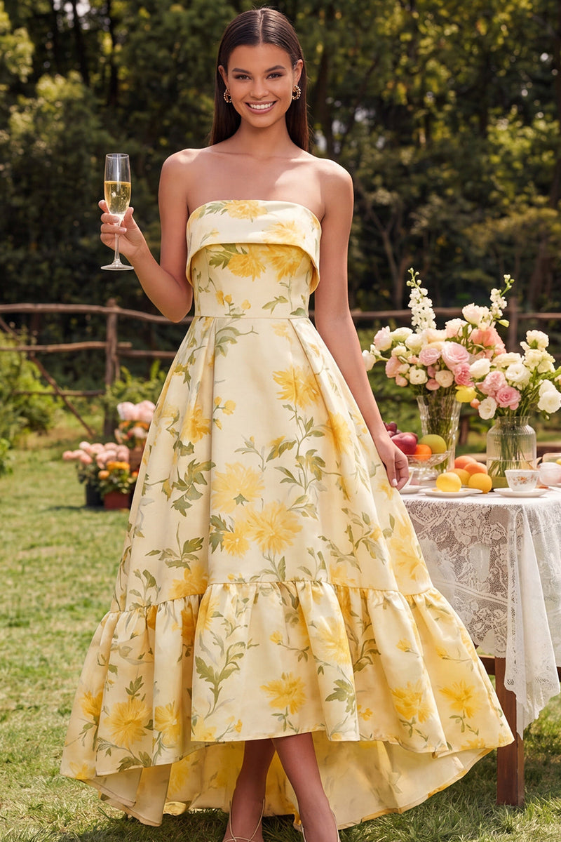 Load image into Gallery viewer, Yellow Floral Strapless Maxi A Line Formal Dress