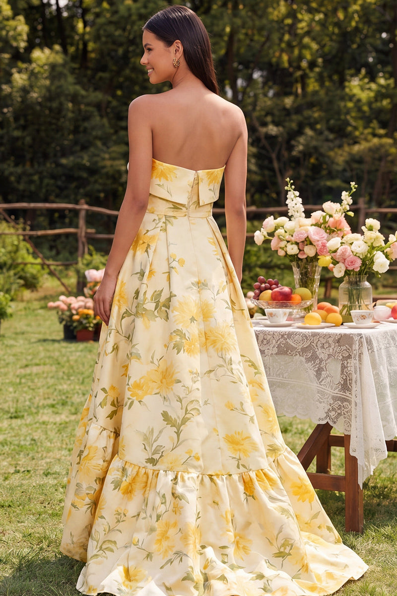 Load image into Gallery viewer, Yellow Floral Strapless Maxi A Line Formal Dress