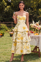 Load image into Gallery viewer, Yellow Floral Maxi Strapless A Line Formal Dress with Ruffles