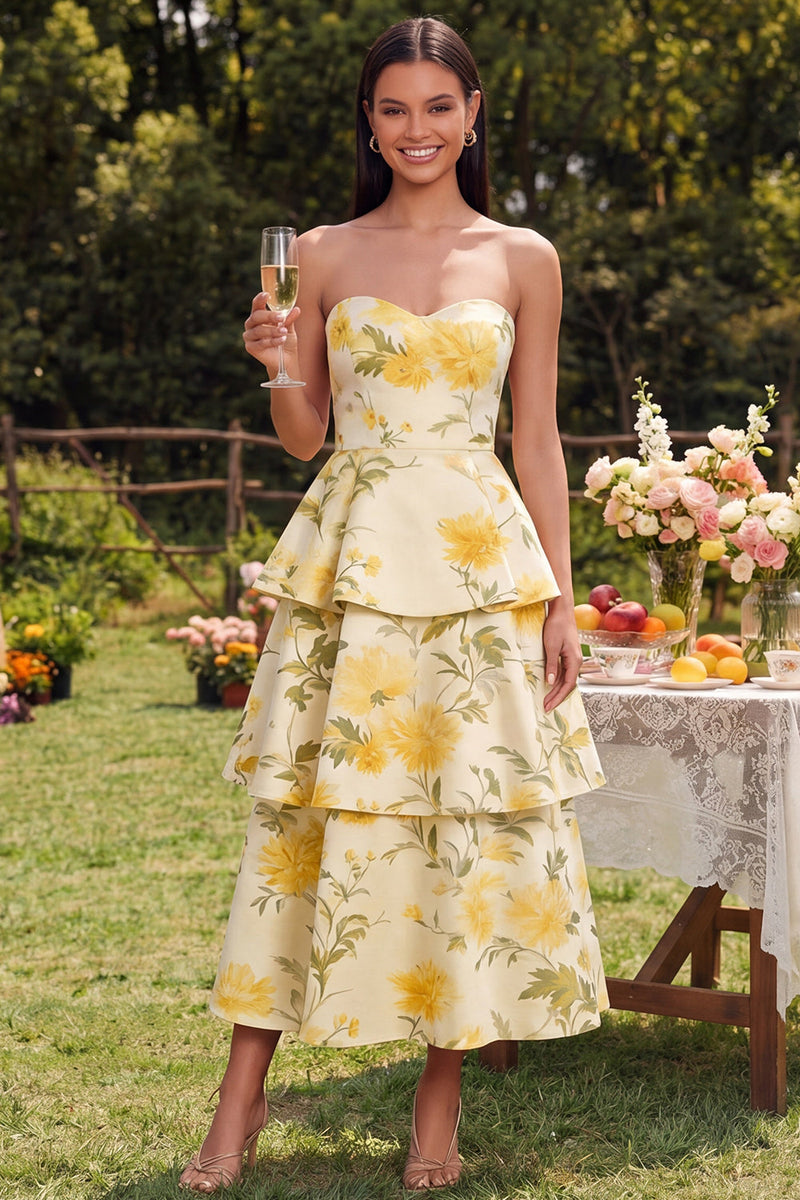 Load image into Gallery viewer, Yellow Floral Maxi Strapless A Line Formal Dress with Ruffles