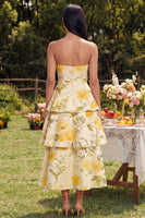 Load image into Gallery viewer, Yellow Floral Maxi Strapless A Line Formal Dress with Ruffles