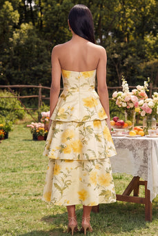 Yellow Floral Maxi Strapless A Line Formal Dress with Ruffles