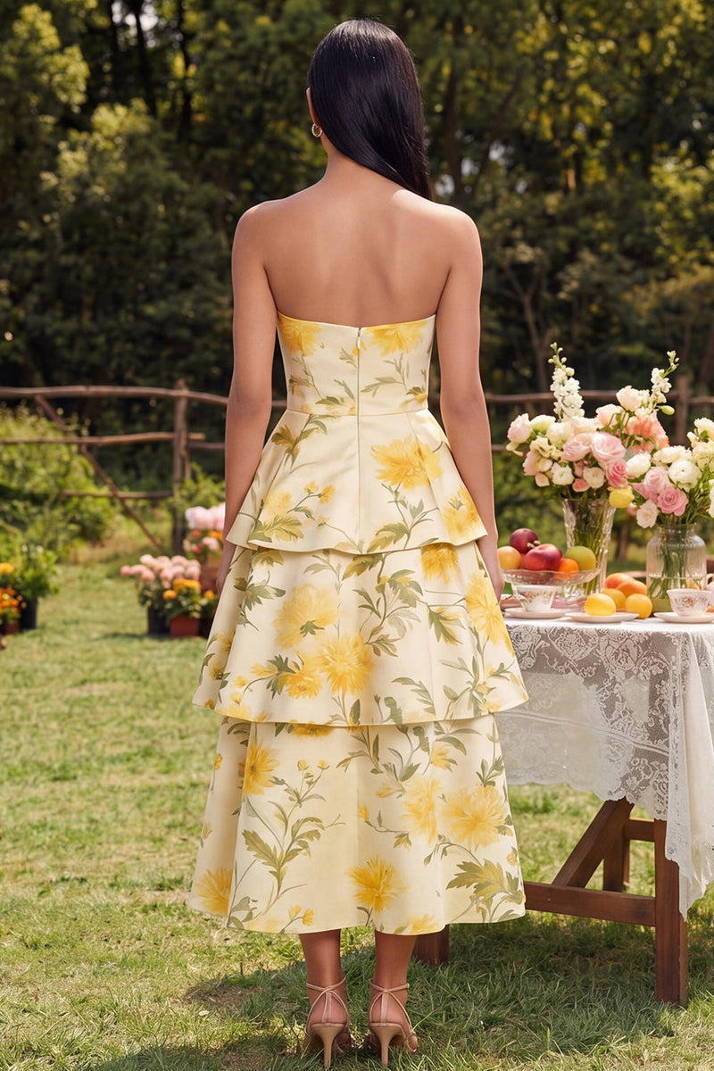 Load image into Gallery viewer, Yellow Floral Maxi Strapless A Line Formal Dress with Ruffles
