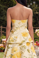 Load image into Gallery viewer, Yellow Floral Maxi Strapless A Line Formal Dress with Ruffles