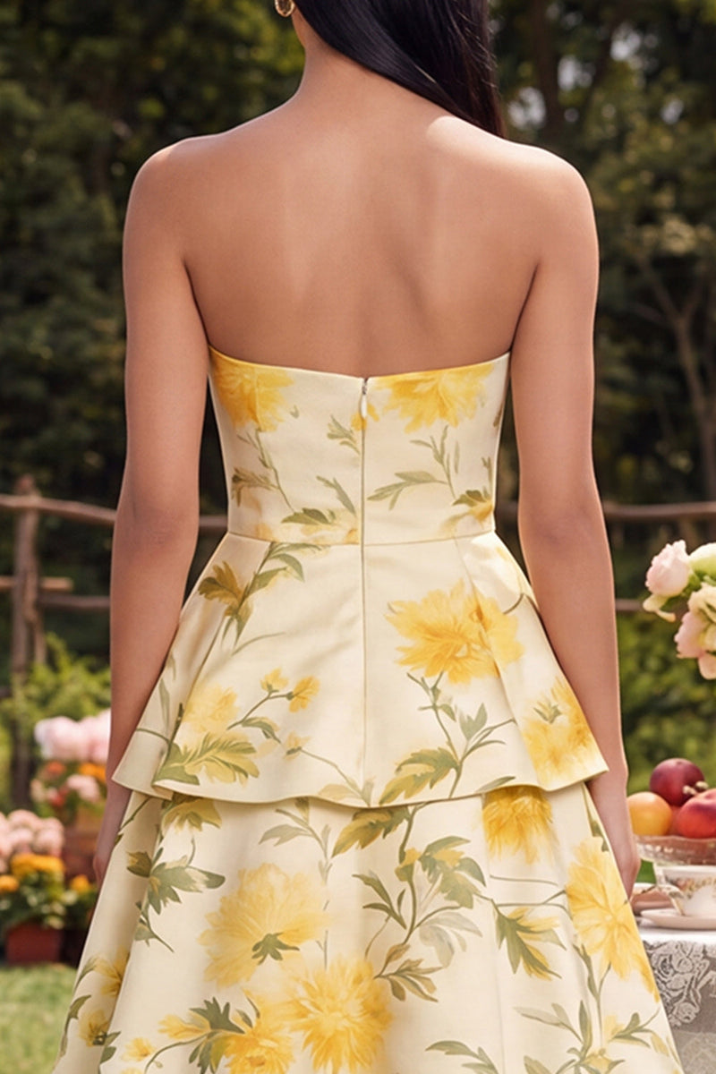 Load image into Gallery viewer, Yellow Floral Maxi Strapless A Line Formal Dress with Ruffles